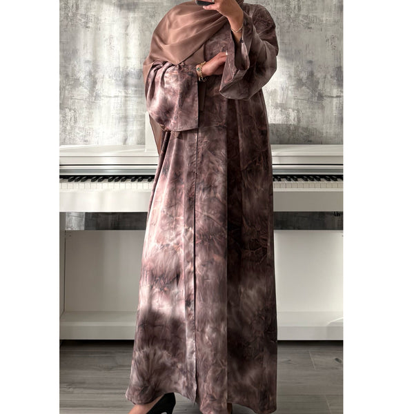 TIE DYE MARBLE OPEN ABAYA WITH BUTTONS - Brown