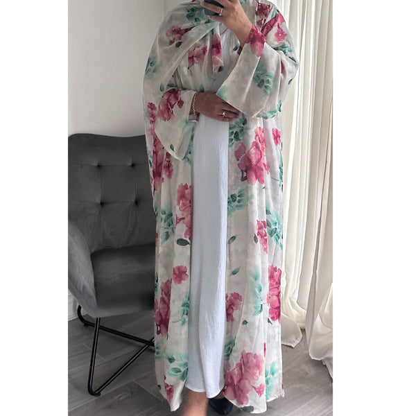 SUMMER PINK FLOWER PRINT OPEN ABAYA