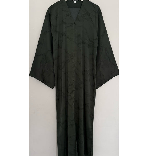 MARBLE PRINT OPEN ABAYA WITH BUTTONS FOREST GREEN
