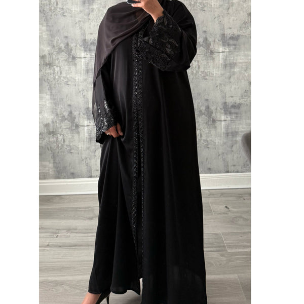LUXE AMIRA LACE OPEN ABAYA WITH BUTTONS