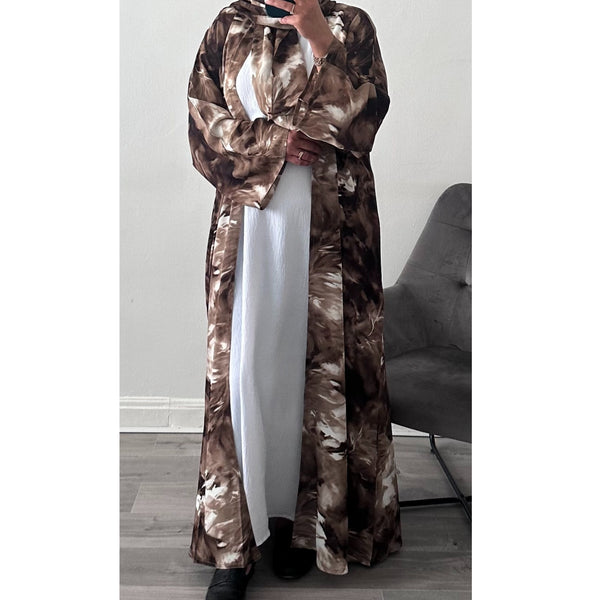 ABSTRACT PRINTED OPEN ABAYA MOCHA BROWN