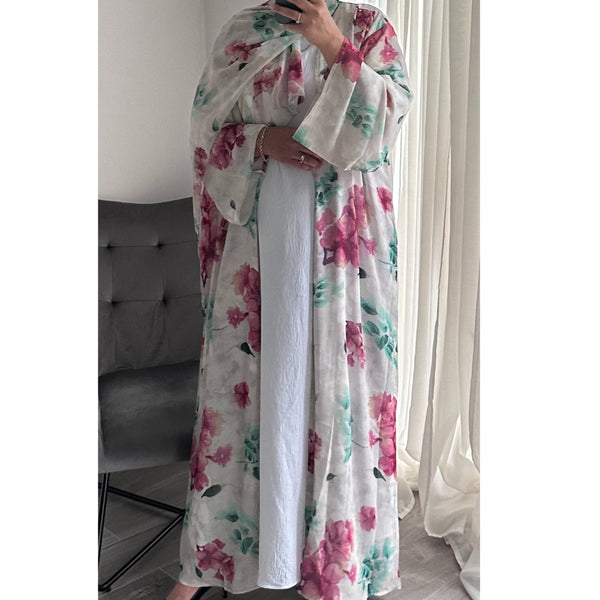 SUMMER PINK FLOWER PRINT OPEN ABAYA