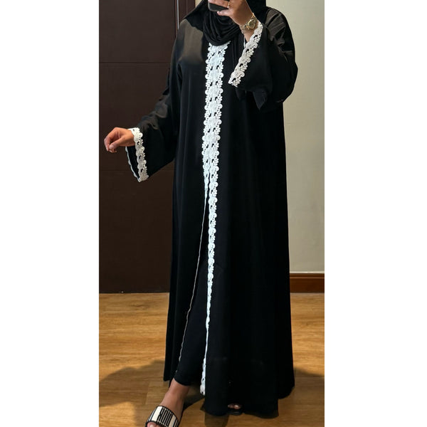 SAMIA LACE OPEN ABAYA WITH BUTTONS - WHITE