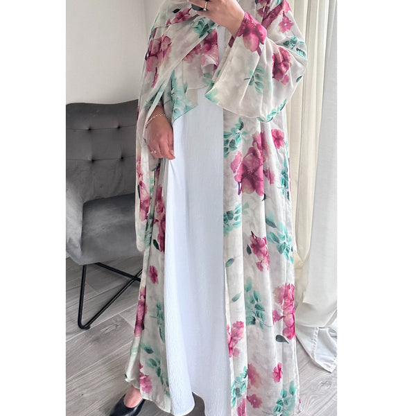 SUMMER PINK FLOWER PRINT OPEN ABAYA