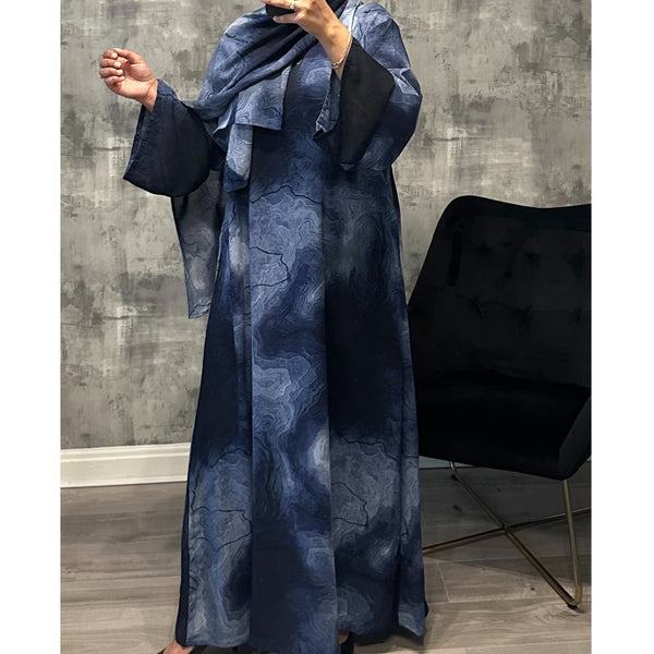 CLOSED MARBLE PRINT ABAYA WITH MATCHING HIJAB BLUE