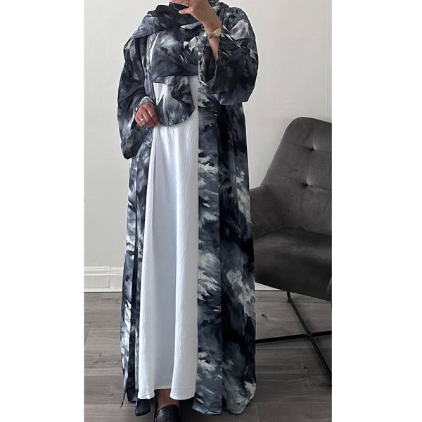 ABSTRACT PRINTED OPEN ABAYA BLUE