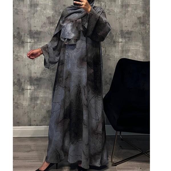 CLOSED MARBLE PRINT ABAYA WITH MATCHING HIJAB GREY