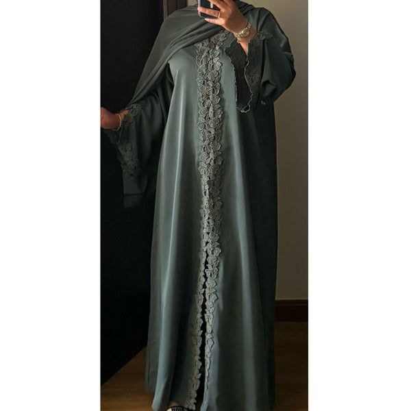SIYAANA OPEN LACE ABAYA WITH BUTTONS - GREEN