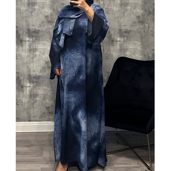 CLOSED MARBLE PRINT ABAYA WITH MATCHING HIJAB BLUE