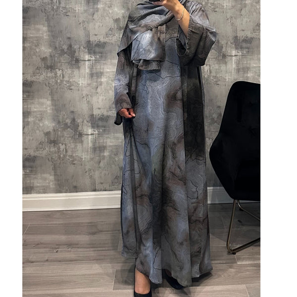 CLOSED MARBLE PRINT ABAYA WITH MATCHING HIJAB GREY