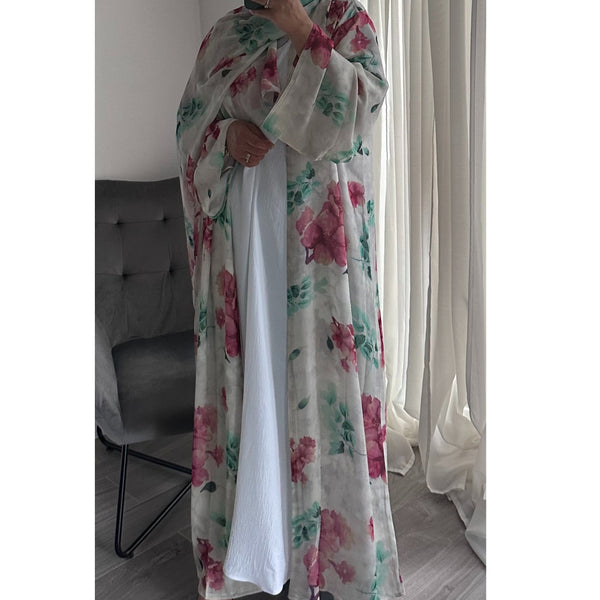 SUMMER PINK FLOWER PRINT OPEN ABAYA