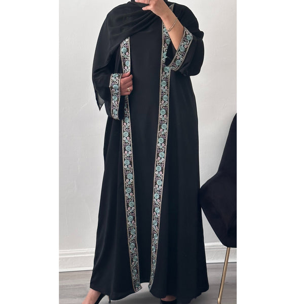 FLOWER LACE OPEN ABAYA GREEN - inner dress not included