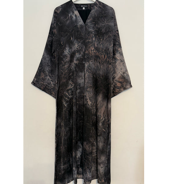 TIE DYE MARBLE OPEN ABAYA WITH BUTTONS - Grey/Blue