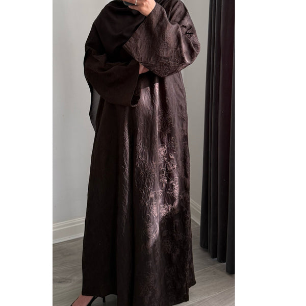 DEENA JACQUARD OPEN ABAYA WITH BUTTONS BROWN