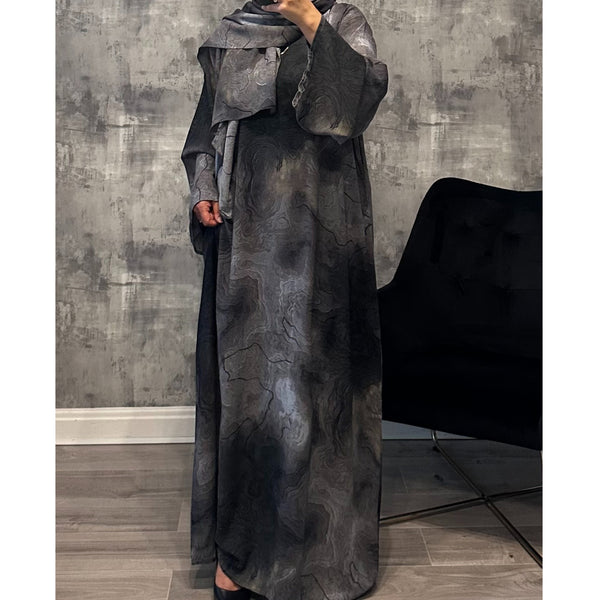 CLOSED MARBLE PRINT ABAYA WITH MATCHING HIJAB DARK GREY
