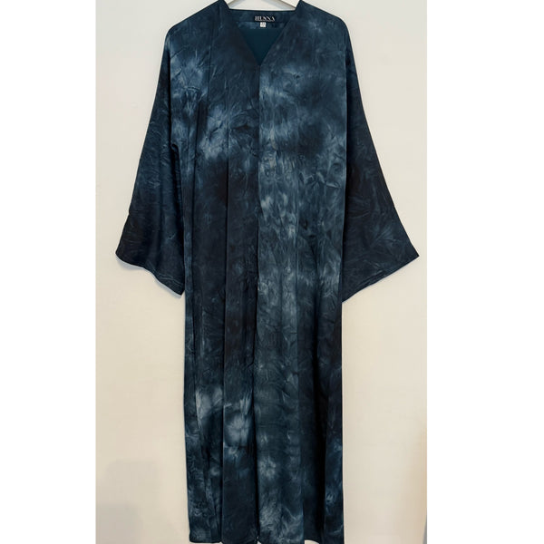 TIE DYE MARBLE OPEN ABAYA WITH BUTTONS - Teal blue