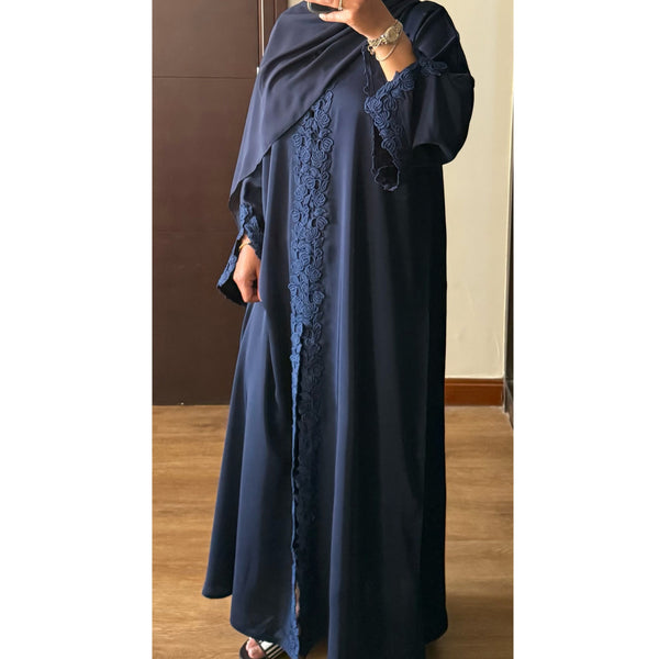 SIYAANA OPEN LACE ABAYA WITH BUTTONS - NAVY