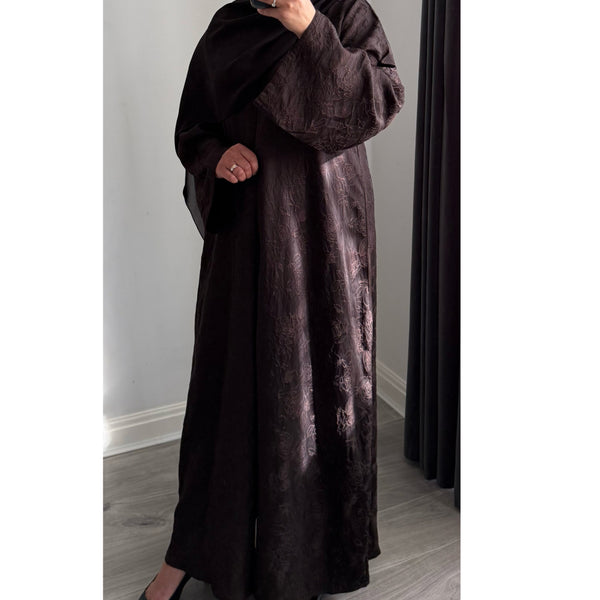 DEENA JACQUARD OPEN ABAYA WITH BUTTONS BROWN