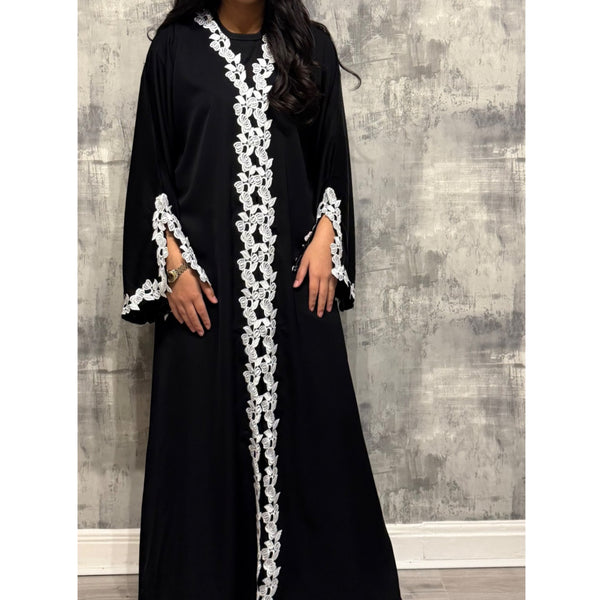 SIYAANA OPEN LACE ABAYA WITH BUTTONS WHITE