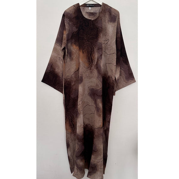 CLOSED MARBLE PRINT ABAYA WITH MATCHING HIJAB BEIGE/BROWN