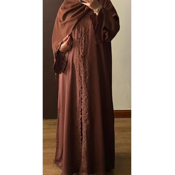 SIYAANA OPEN LACE ABAYA WITH BUTTONS - BROWN