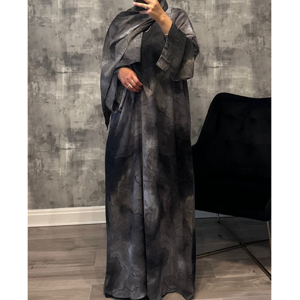CLOSED MARBLE PRINT ABAYA WITH MATCHING HIJAB DARK GREY