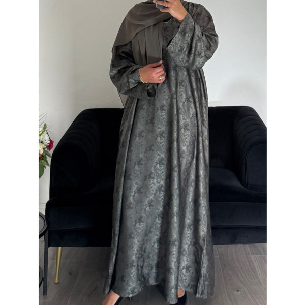 AZRA JACQUARD CLOSED PRINT ABAYA GREY