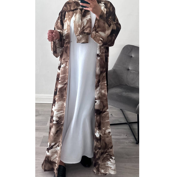 ABSTRACT PRINTED OPEN ABAYA MOCHA BROWN