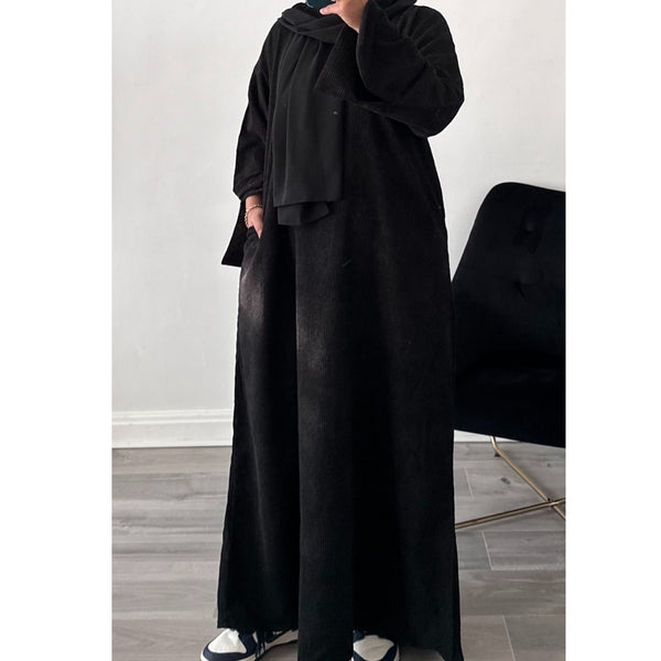 CORDUROY CLOSED 2 POCKET ABAYA BLACK