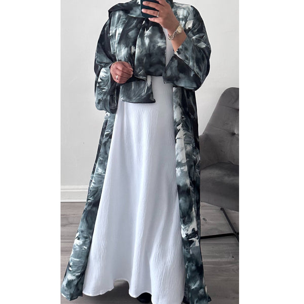 ABSTRACT PRINTED OPEN ABAYA GREEN