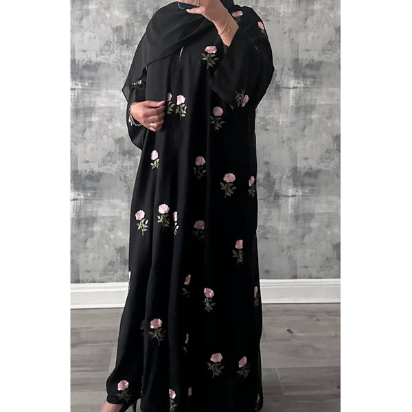 PINK ROSES OPEN ABAYA WOTH BUTTON