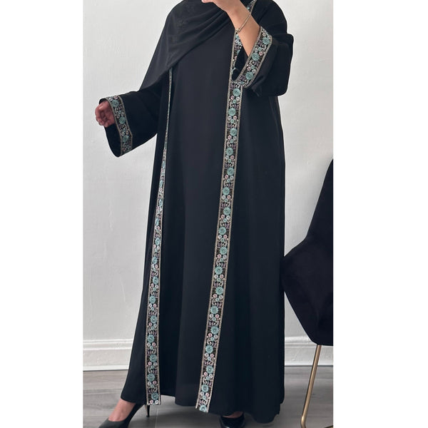 FLOWER LACE OPEN ABAYA GREEN - inner dress not included