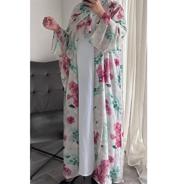 SUMMER PINK FLOWER PRINT OPEN ABAYA