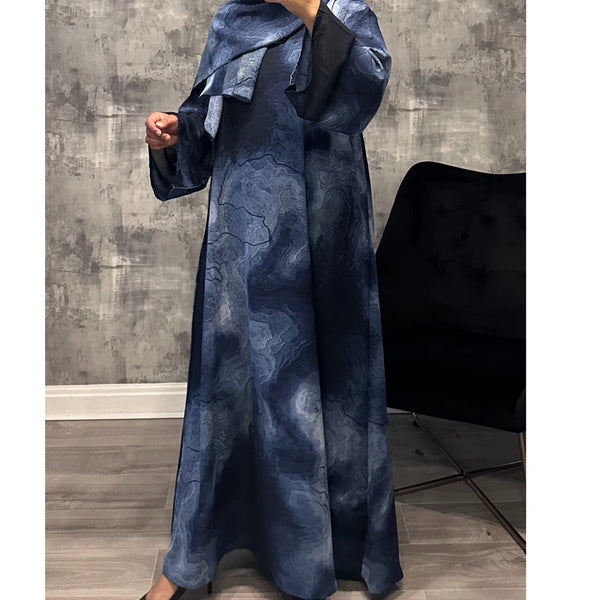 CLOSED MARBLE PRINT ABAYA WITH MATCHING HIJAB BLUE