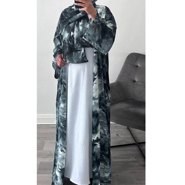 ABSTRACT PRINTED OPEN ABAYA GREEN