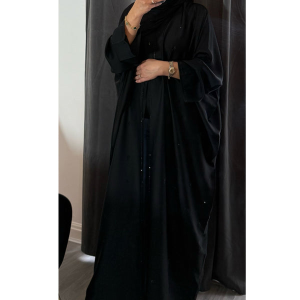 NOURAH BLACK EMBELLISHED FARASHA OPEN ABAYA WITH BUTTONS