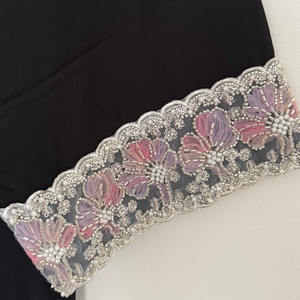 ANEEQA - black embellished closed abaya with pocket white mix