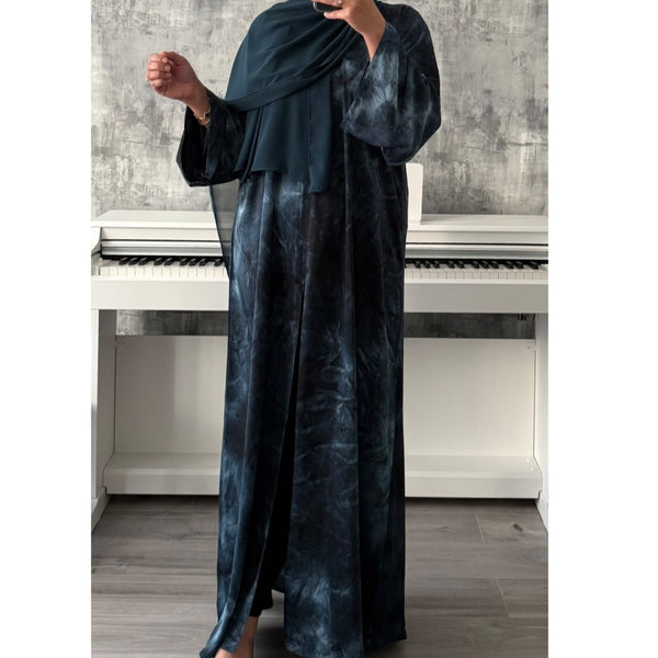 TIE DYE MARBLE OPEN ABAYA WITH BUTTONS - Teal blue