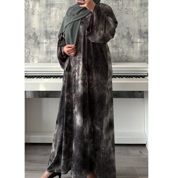 TIE DYE MARBLE OPEN ABAYA WITH BUTTONS - GREEN