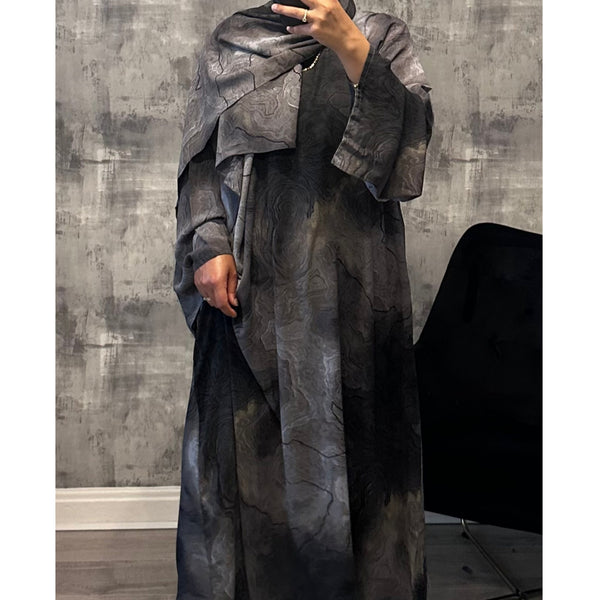 CLOSED MARBLE PRINT ABAYA WITH MATCHING HIJAB DARK GREY