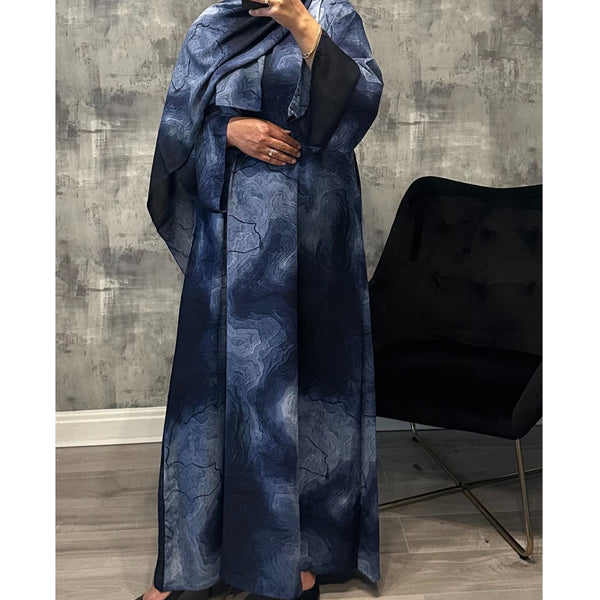 CLOSED MARBLE PRINT ABAYA WITH MATCHING HIJAB BLUE