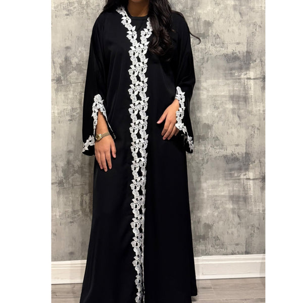 SIYAANA OPEN LACE ABAYA WITH BUTTONS WHITE