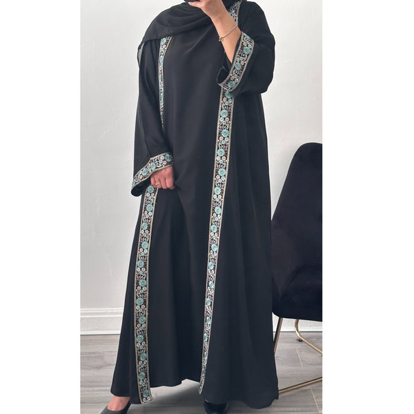 FLOWER LACE OPEN ABAYA GREEN - inner dress not included