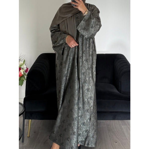 AZRA JACQUARD CLOSED PRINT ABAYA GREY