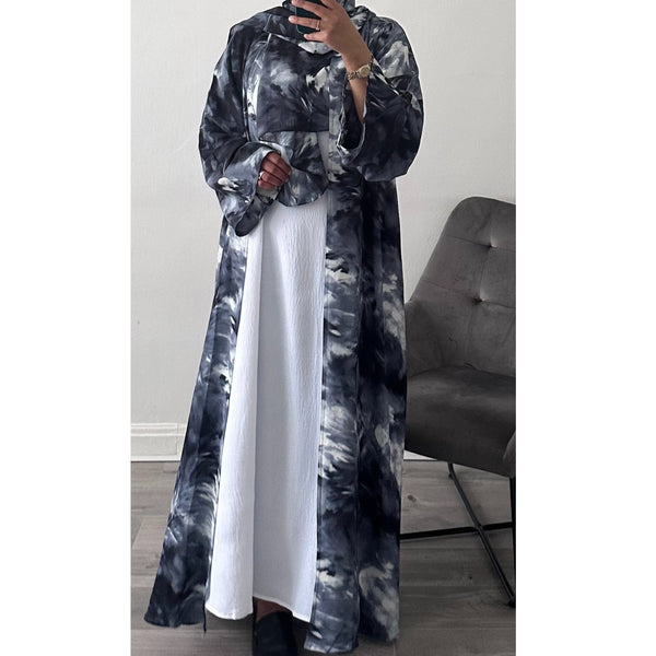 ABSTRACT PRINTED OPEN ABAYA BLUE