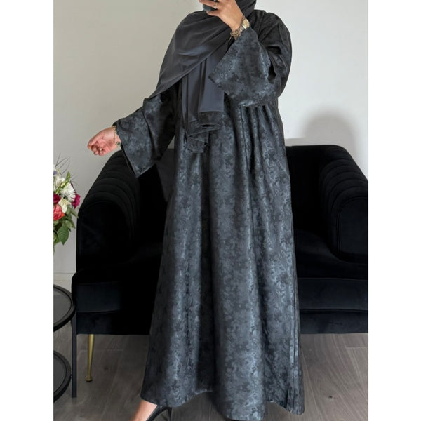 AZRA JACQUARD PRINT CLOSED ABAYA DARK GREY