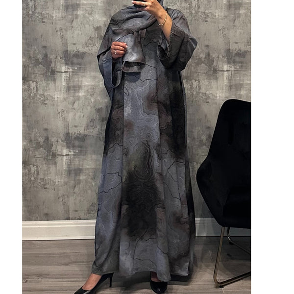 CLOSED MARBLE PRINT ABAYA WITH MATCHING HIJAB GREY