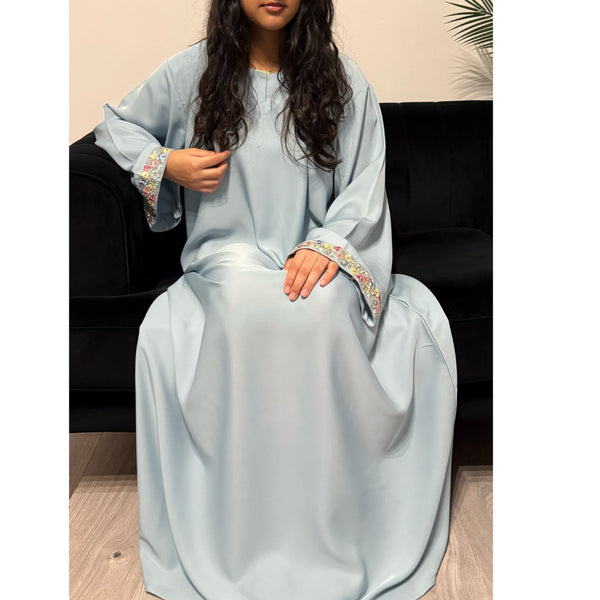 AIRAH CLOSED LACE ABAYA WITH POCKET BABY BLUE