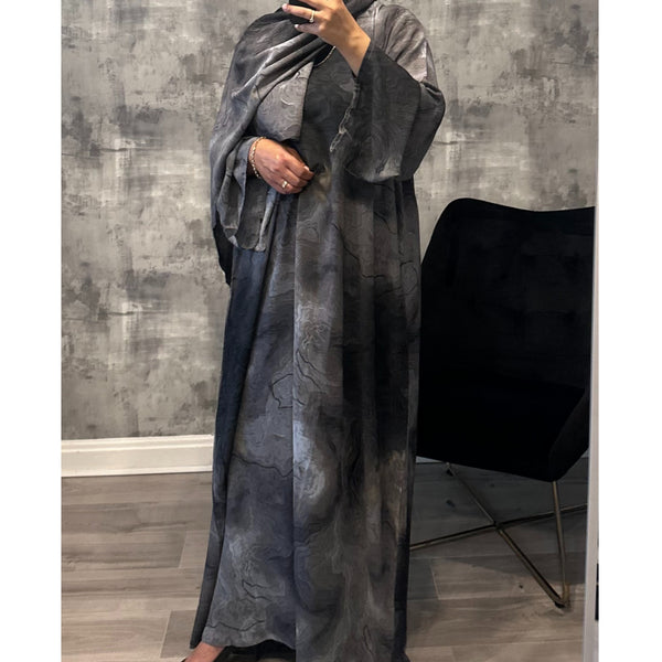 CLOSED MARBLE PRINT ABAYA WITH MATCHING HIJAB DARK GREY