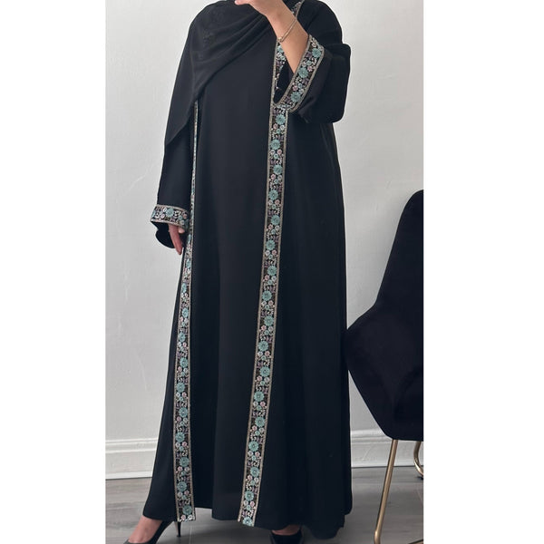 FLOWER LACE OPEN ABAYA GREEN - inner dress not included